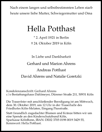 Anzeige von Hella Potthast von Kölner Stadt-Anzeiger / Kölnische Rundschau / Express