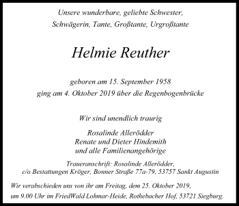Anzeige von Helmie Reuther von Kölner Stadt-Anzeiger / Kölnische Rundschau / Express