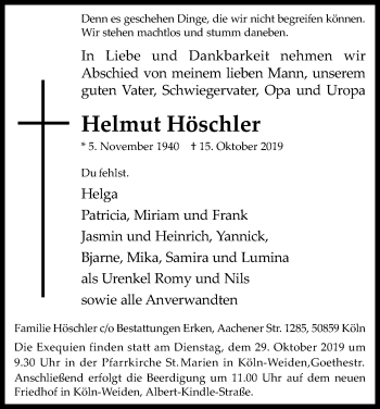 Anzeige von Helmut Höschler von Kölner Stadt-Anzeiger / Kölnische Rundschau / Express