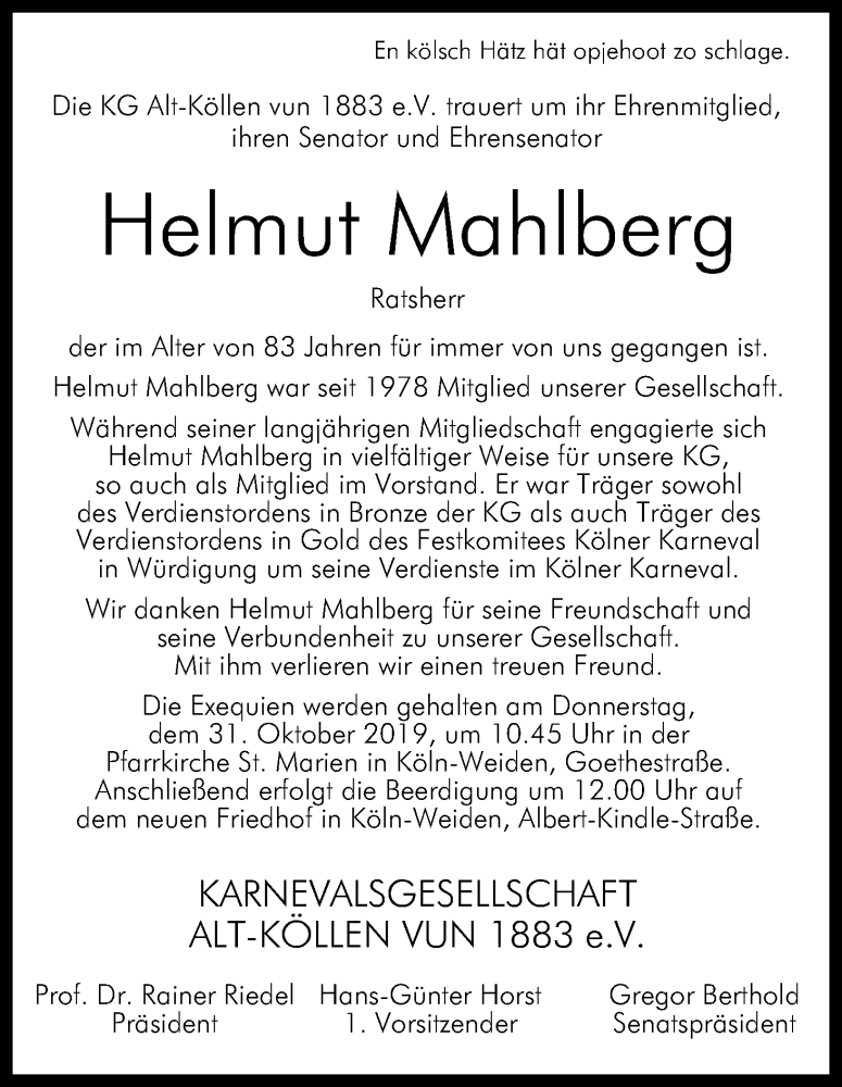  Traueranzeige für Helmut Mahlberg vom 30.10.2019 aus Kölner Stadt-Anzeiger / Kölnische Rundschau / Express
