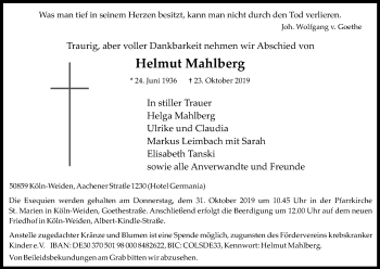 Anzeige von Helmut Mahlberg von Kölner Stadt-Anzeiger / Kölnische Rundschau / Express