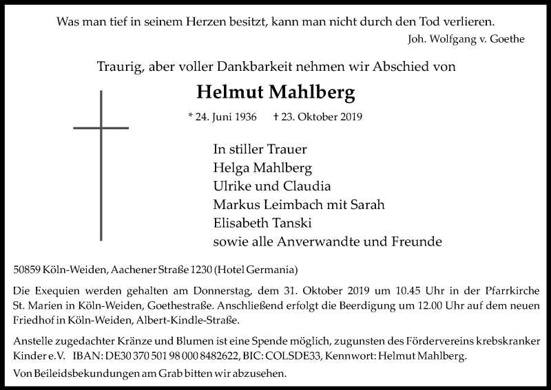 Traueranzeige für Helmut Mahlberg vom 29.10.2019 aus Kölner Stadt-Anzeiger / Kölnische Rundschau / Express