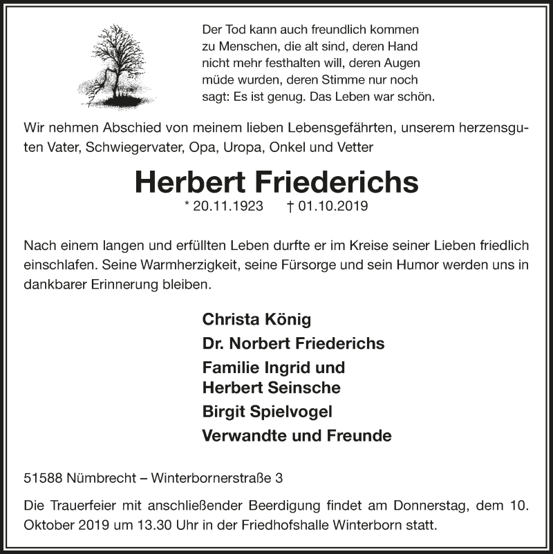 Traueranzeige für Herbert Friederichs vom 09.10.2019 aus  Lokalanzeiger 