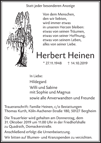 Anzeige von Herbert Heinen von  Sonntags-Post 