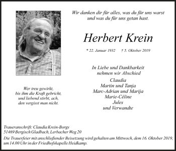 Anzeige von Herbert Krein von  Bergisches Sonntagsblatt 