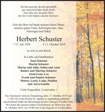 Anzeige von Herbert Schuster von Kölner Stadt-Anzeiger / Kölnische Rundschau / Express