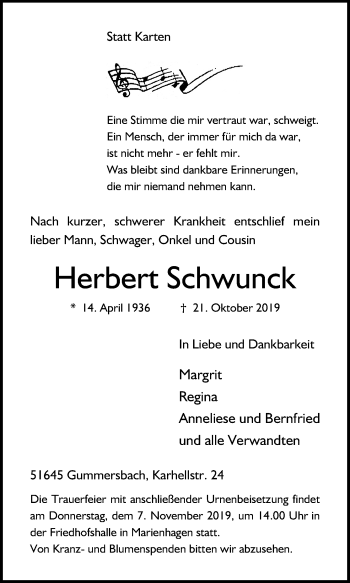 Anzeige von Herbert Schwunck von Kölner Stadt-Anzeiger / Kölnische Rundschau / Express