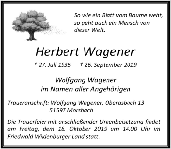 Anzeige von Herbert Wagener von  Lokalanzeiger 