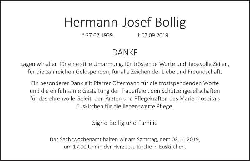  Traueranzeige für Hermann-Josef Bollig vom 05.10.2019 aus  Blickpunkt Euskirchen 