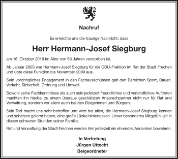 Anzeige von Hermann-Josef Siegburg von  Sonntags-Post 