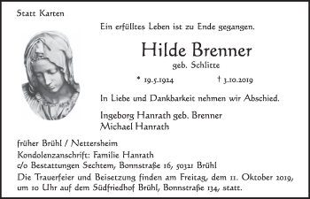 Anzeige von Hilde Brenner von  Schlossbote/Werbekurier 