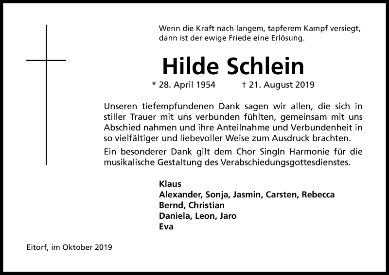  Traueranzeige für Hilde Schlein vom 19.10.2019 aus Kölner Stadt-Anzeiger / Kölnische Rundschau / Express