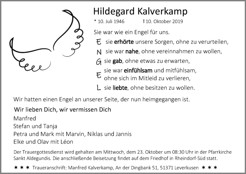  Traueranzeige für Hildegard Kalverkamp vom 19.10.2019 aus Kölner Stadt-Anzeiger / Kölnische Rundschau / Express