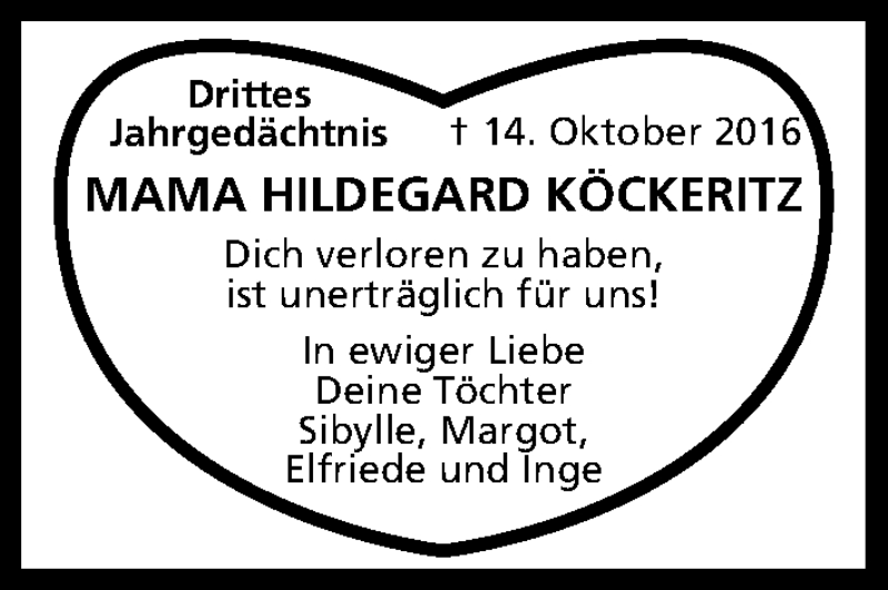  Traueranzeige für Hildegard Köckeritz vom 14.10.2019 aus Kölner Stadt-Anzeiger / Kölnische Rundschau / Express