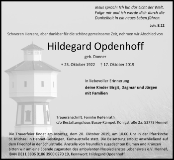 Anzeige von Hildegard Opdenhoff von Kölner Stadt-Anzeiger / Kölnische Rundschau / Express