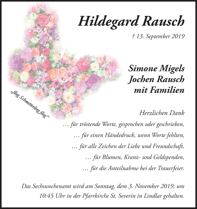  Traueranzeige für Hildegard Rausch vom 26.10.2019 aus Kölner Stadt-Anzeiger / Kölnische Rundschau / Express