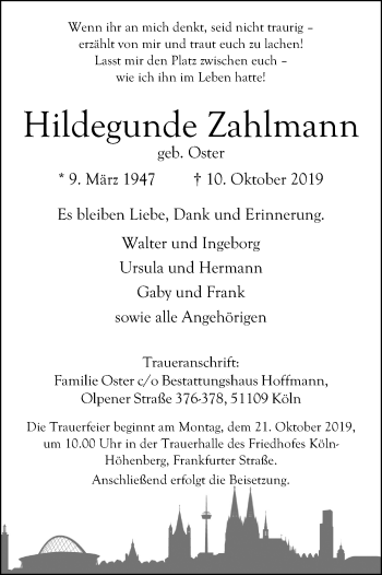 Anzeige von Hildegunde Zahlmann von Kölner Stadt-Anzeiger / Kölnische Rundschau / Express