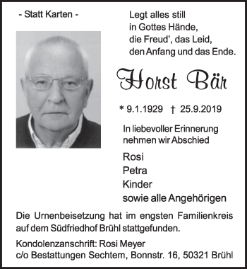 Anzeige von Horst Bär von  Schlossbote/Werbekurier 