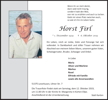 Anzeige von Horst Firl von Kölner Stadt-Anzeiger / Kölnische Rundschau / Express