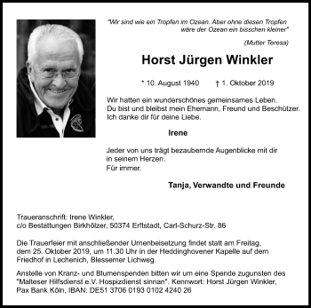 Anzeige von Horst Jürgen Winkler von Kölner Stadt-Anzeiger / Kölnische Rundschau / Express