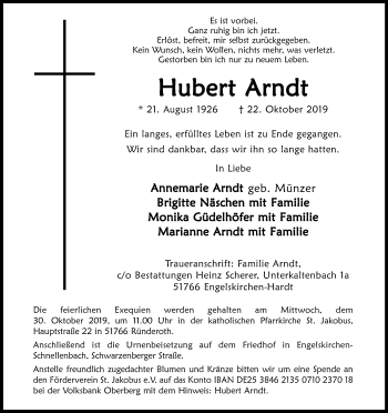 Anzeige von Hubert Arndt von Kölner Stadt-Anzeiger / Kölnische Rundschau / Express