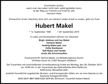 Anzeige von Hubert Makel von Kölner Stadt-Anzeiger / Kölnische Rundschau / Express