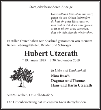 Anzeige von Hubert Utzerath von  Sonntags-Post 