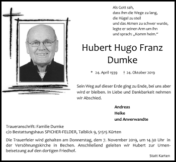 Anzeige von Hubert Hugo Franz Dumke von Kölner Stadt-Anzeiger / Kölnische Rundschau / Express