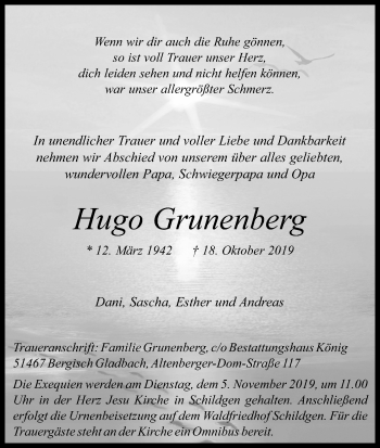 Anzeige von Hugo Grunenberg von Kölner Stadt-Anzeiger / Kölnische Rundschau / Express