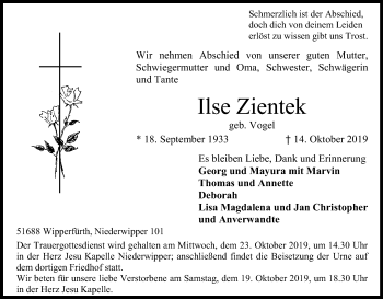 Anzeige von Ilse Zientek von Kölner Stadt-Anzeiger / Kölnische Rundschau / Express