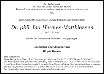Anzeige von Ina Hermes-Matthiessen von Kölner Stadt-Anzeiger / Kölnische Rundschau / Express