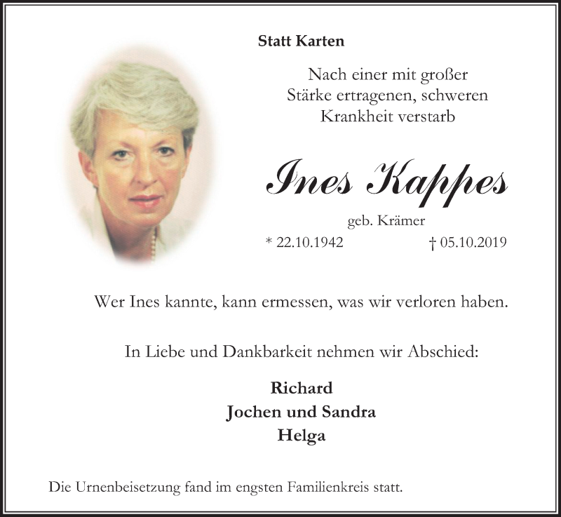  Traueranzeige für Ines Kappes vom 26.10.2019 aus Kölner Stadt-Anzeiger / Kölnische Rundschau / Express