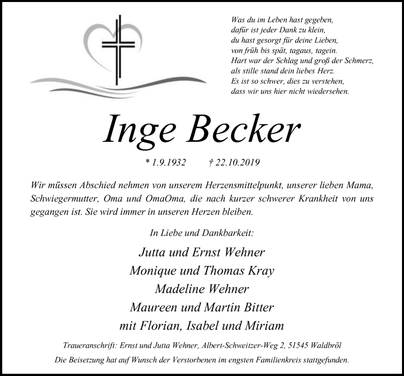  Traueranzeige für Inge Becker vom 30.10.2019 aus  Lokalanzeiger 