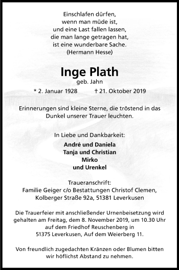 Anzeige von Inge Plath von Kölner Stadt-Anzeiger / Kölnische Rundschau / Express