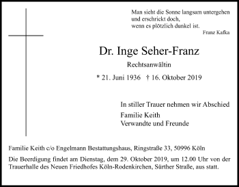 Anzeige von Inge Seher-Franz von Kölner Stadt-Anzeiger / Kölnische Rundschau / Express