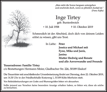 Anzeige von Inge Tirtey von  Sonntags-Post 