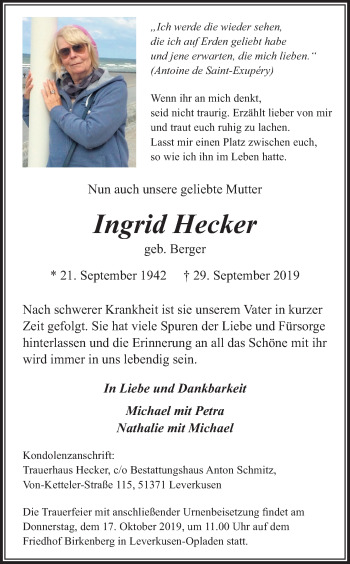 Anzeige von Ingrid Hecker von Kölner Stadt-Anzeiger / Kölnische Rundschau / Express
