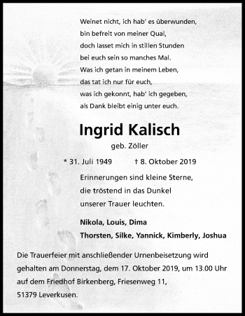 Anzeige von Ingrid Kalisch von Kölner Stadt-Anzeiger / Kölnische Rundschau / Express