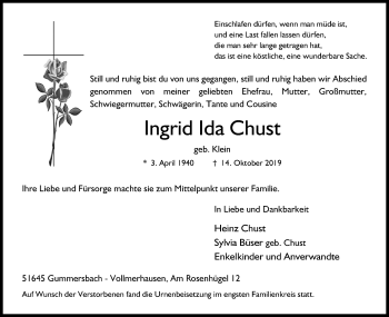 Anzeige von Ingrid Ida Chust von Kölner Stadt-Anzeiger / Kölnische Rundschau / Express