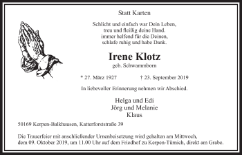 Anzeige von Irene Klotz von  Sonntags-Post 