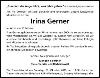 Anzeige von Irina Gerner von Kölner Stadt-Anzeiger / Kölnische Rundschau / Express