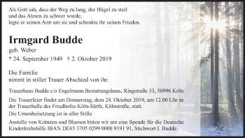 Anzeige von Irmgard Budde von Kölner Stadt-Anzeiger / Kölnische Rundschau / Express