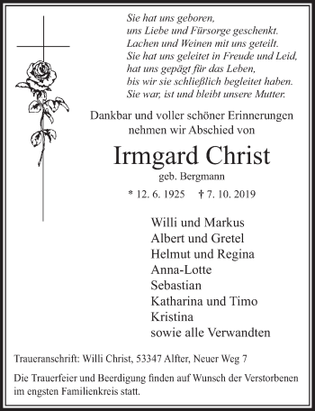 Anzeige von Irmgard Christ von  Schaufenster/Blickpunkt 