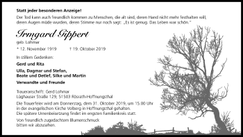 Anzeige von Irmgard Gippert von Kölner Stadt-Anzeiger / Kölnische Rundschau / Express