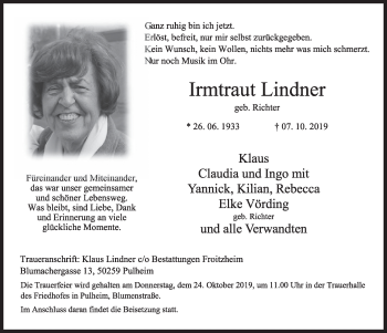 Anzeige von Irmtraut Lindner von  Sonntags-Post 