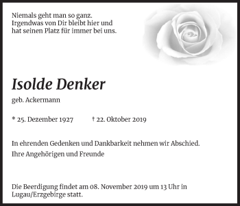 Anzeige von Isolde Denker von Kölner Stadt-Anzeiger / Kölnische Rundschau / Express