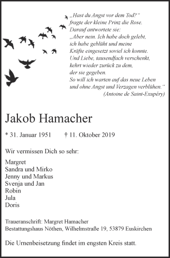 Anzeige von Jakob Hamacher von  Blickpunkt Euskirchen 