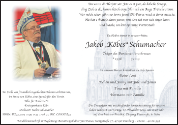Anzeige von Jakob Schumacher von Kölner Stadt-Anzeiger / Kölnische Rundschau / Express