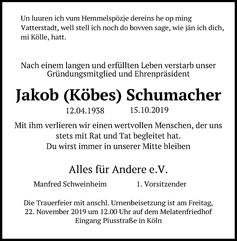  Traueranzeige für Jakob Schumacher vom 26.10.2019 aus Kölner Stadt-Anzeiger / Kölnische Rundschau / Express