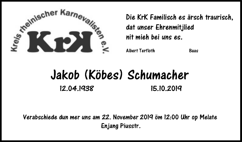  Traueranzeige für Jakob Schumacher vom 30.10.2019 aus Kölner Stadt-Anzeiger / Kölnische Rundschau / Express